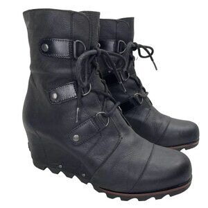SOREL Joan Of Arctic Wedge Boot Black Leather Waterproof Lace Up Bootie Sz 11